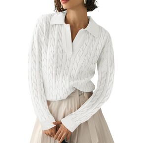 TAKEYAL Womens V Neck Sweaters Tops Cable Knit Long Sleeve Casual Soft Pullover Lapel Polo Shirts 2024 Outfits