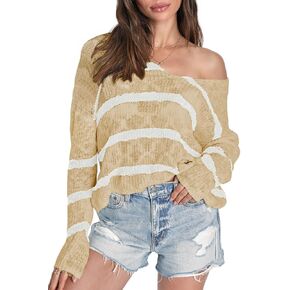 Sumtory Womens Off Shoulder V Neck Light Fall Striped Pullover Sweaters Tops