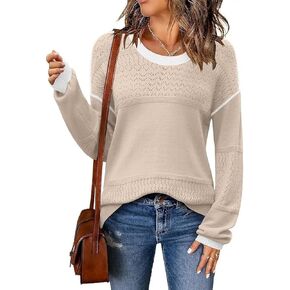 ETCYY Womens 2025 Fall Sweaters Fashion Long Sleeve Shirts Casual Ribbed Knit Tops Lightweight Crochet Pullover Sweater