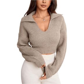 سترة نسائية من MakeMeChic بياقة على شكل حرف V وأكمام طويلة وسترات محبوكة بلوفر قصير