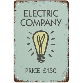 Metal Tin Sign Vintage Monopoly Inspired Electric Company Wall Decor Retro Posters Hanging Plaque Home Bathroom Bar Diner Club Pub Parlor Gift For Women Men 8x12 Inch