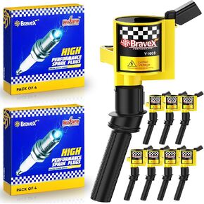 Ignition Coil Pack& Spark Plug SP413 -Upgrade 15% More Energy For Ford F-150 F-250 F-350 4.6L 5.4L V8 CROWN VICTORIA EXPEDITION MUSTANG LINCOLN MERCURY Compatible &DG508 DG457 DG472 (YELLOW)