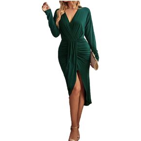 Women's Long Sleeve Ruched Bodycon Dresses V Neck Wrap Sexy Irregular Hem Midi Cocktail Dress