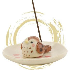 Hasegawa Fortune Sparrow Ceramic Incense Holder: Handcrafted Round Sparrow Design with Unique Expressions, Symbol of Luck - Height 0.79 inches, Plate Diameter 2.76 inches