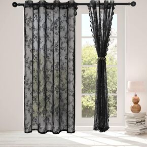 Black Lace Curtains Vintage Knitted Floral Window Curtain Shabby Chic Semi Sheer Voile Grommet Window Drapes for Bedroom Living Room Kitchen, 2 Panels, W56 x L84