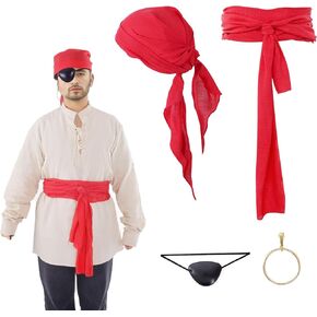 5 Pcs Pirate Costume Men Renaissance Shirt Pirate Headscarf Sash Belt for Adult Halloween Medieval Viking Knight Outfit