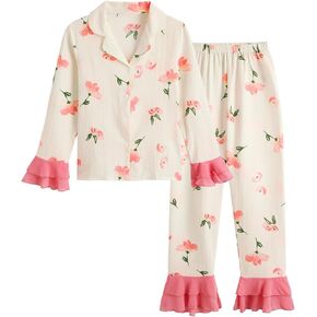 Verdusa Women's 2 Piece Floral Pj Set Cute Ruffled Tiered Pajama Set Long Sleeve Shirts Pants Lounge Set
