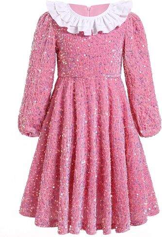 FYMNSI Toddler Baby Girls Christmas Dress Sparkle Sequin Long Sleeve Detachable Collar Velvet Dress Kids Fall Winter Clothes in Kuwait