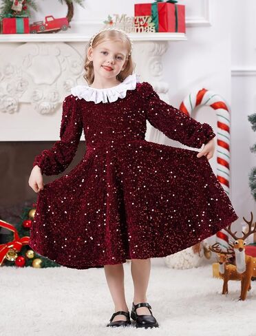 FYMNSI Toddler Baby Girls Christmas Dress Sparkle Sequin Long Sleeve Detachable Collar Velvet Dress Kids Fall Winter Clothes in Kuwait