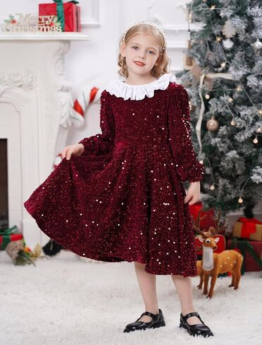 FYMNSI Toddler Baby Girls Christmas Dress Sparkle Sequin Long Sleeve Detachable Collar Velvet Dress Kids Fall Winter Clothes in Kuwait