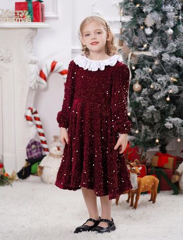 FYMNSI Toddler Baby Girls Christmas Dress Sparkle Sequin Long Sleeve Detachable Collar Velvet Dress Kids Fall Winter Clothes in Kuwait