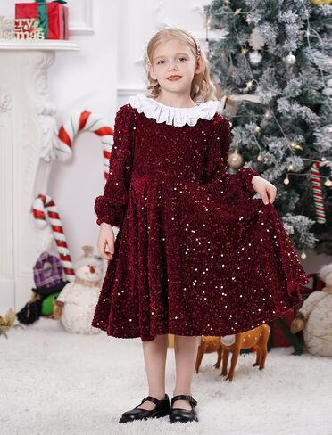 FYMNSI Toddler Baby Girls Christmas Dress Sparkle Sequin Long Sleeve Detachable Collar Velvet Dress Kids Fall Winter Clothes in Kuwait