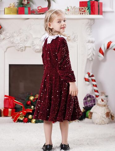 FYMNSI Toddler Baby Girls Christmas Dress Sparkle Sequin Long Sleeve Detachable Collar Velvet Dress Kids Fall Winter Clothes in Kuwait