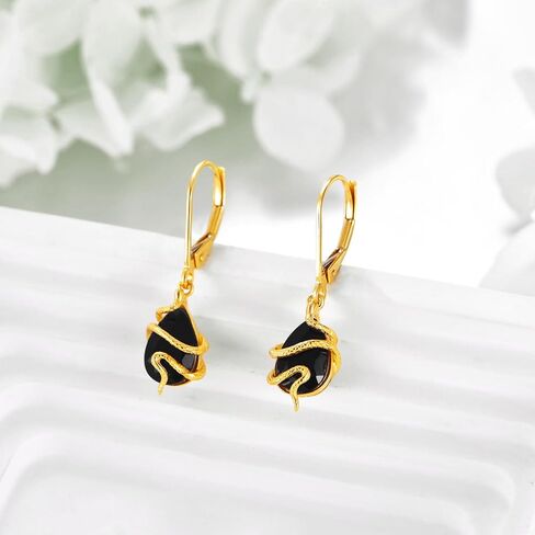 KECHO 14K Real Gold Snake Earrings Black Crystal Dangle Drop Dangling Earrings Solid Yellow Gold Gothic Jewelry Gifts for Women in Saudi Arabia