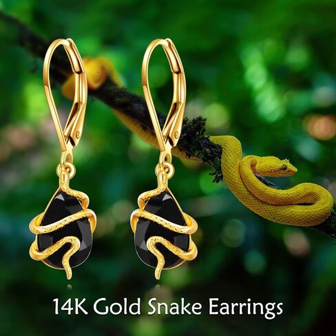 KECHO 14K Real Gold Snake Earrings Black Crystal Dangle Drop Dangling Earrings Solid Yellow Gold Gothic Jewelry Gifts for Women in Saudi Arabia