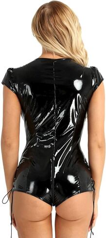 FEESHOW Women's Wet Look PVC Leather Plunging V Neck Bodysuit High Cut Thong Backless Leotard Clubwear in Saudi Arabia
