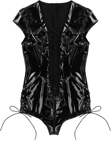 FEESHOW Women's Wet Look PVC Leather Plunging V Neck Bodysuit High Cut Thong Backless Leotard Clubwear in Saudi Arabia