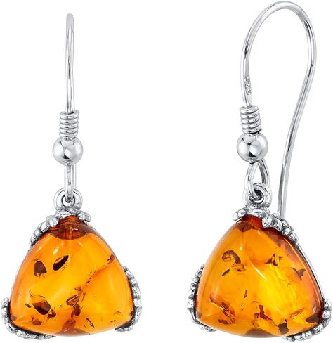 PEORA Genuine Baltic Amber Trillion Shape Drop Earrings 925 Sterling Silver, Designer Solitaire, Rich Cognac Color, Fish Hook, Real Baltic Amber Earrings for Adults, 100% Natural from Baltic Region in Kuwait