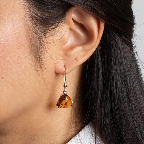 PEORA Genuine Baltic Amber Trillion Shape Drop Earrings 925 Sterling Silver, Designer Solitaire, Rich Cognac Color, Fish Hook, Real Baltic Amber Earrings for Adults, 100% Natural from Baltic Region in Kuwait