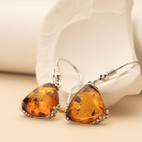 PEORA Genuine Baltic Amber Trillion Shape Drop Earrings 925 Sterling Silver, Designer Solitaire, Rich Cognac Color, Fish Hook, Real Baltic Amber Earrings for Adults, 100% Natural from Baltic Region in Kuwait