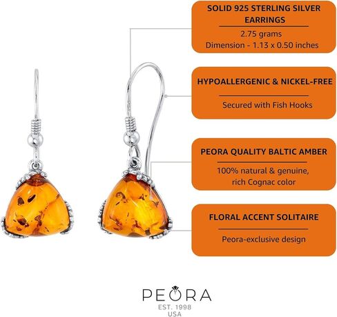 PEORA Genuine Baltic Amber Trillion Shape Drop Earrings 925 Sterling Silver, Designer Solitaire, Rich Cognac Color, Fish Hook, Real Baltic Amber Earrings for Adults, 100% Natural from Baltic Region in Kuwait