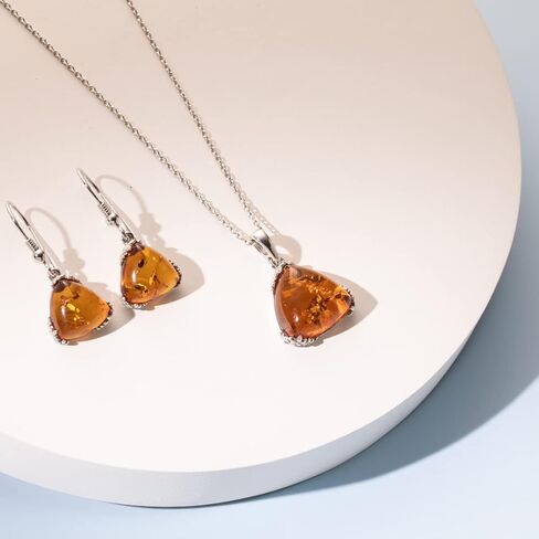 PEORA Genuine Baltic Amber Trillion Shape Drop Earrings 925 Sterling Silver, Designer Solitaire, Rich Cognac Color, Fish Hook, Real Baltic Amber Earrings for Adults, 100% Natural from Baltic Region in Kuwait