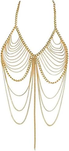Sexy tassel body chain bra chain gold body jewelry bikini chain beach shoulder chain accessories carnival nightclub party gift (golden-3666) in Saudi Arabia