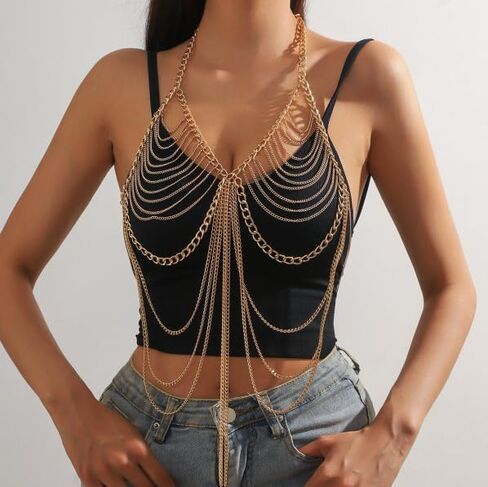 Sexy tassel body chain bra chain gold body jewelry bikini chain beach shoulder chain accessories carnival nightclub party gift (golden-3666) in Saudi Arabia