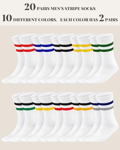 Eurzom 20 Pairs Men's Striped Crew Socks Retro Stripe Casual Socks Breathable Vintage Socks Sports Running Calf Socks for Men in Kuwait