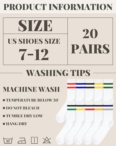 Eurzom 20 Pairs Men's Striped Crew Socks Retro Stripe Casual Socks Breathable Vintage Socks Sports Running Calf Socks for Men in Kuwait