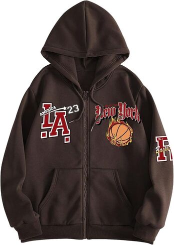 WDIRARA Men's Letter Print Zip Up Drawstring Hoodie Drop Shoulder Long Sleeve Pullover Hooded Sweatshirts with Pocket in Saudi Arabia