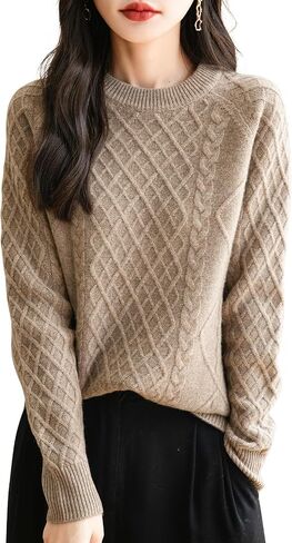 Women's Crew Neck 100% Merino Wool Sweater 2024 Fall Winter Classic Vintage Cable Warm Long Sleeve Knit Sweater in Kuwait