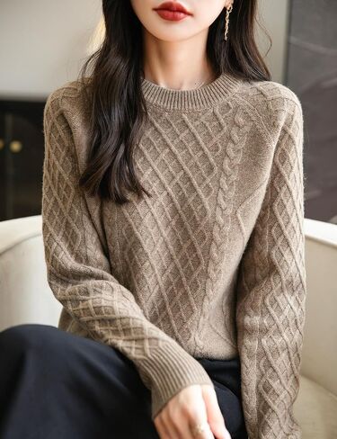 Women's Crew Neck 100% Merino Wool Sweater 2024 Fall Winter Classic Vintage Cable Warm Long Sleeve Knit Sweater in Kuwait