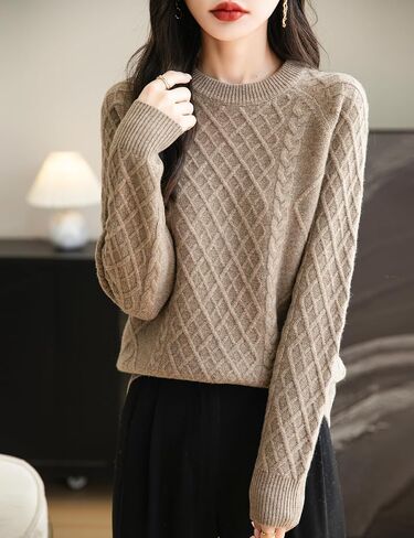 Women's Crew Neck 100% Merino Wool Sweater 2024 Fall Winter Classic Vintage Cable Warm Long Sleeve Knit Sweater in Kuwait
