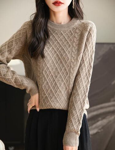 Women's Crew Neck 100% Merino Wool Sweater 2024 Fall Winter Classic Vintage Cable Warm Long Sleeve Knit Sweater in Kuwait