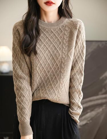 Women's Crew Neck 100% Merino Wool Sweater 2024 Fall Winter Classic Vintage Cable Warm Long Sleeve Knit Sweater in Kuwait