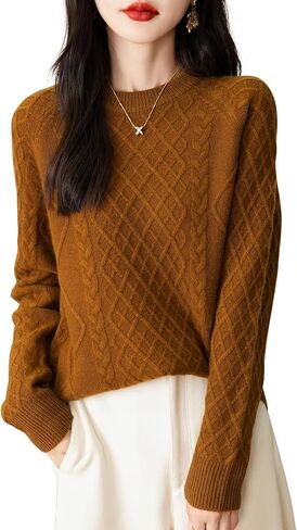 Women's Crew Neck 100% Merino Wool Sweater 2024 Fall Winter Classic Vintage Cable Warm Long Sleeve Knit Sweater in Kuwait