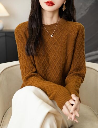 Women's Crew Neck 100% Merino Wool Sweater 2024 Fall Winter Classic Vintage Cable Warm Long Sleeve Knit Sweater in Kuwait