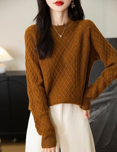 Women's Crew Neck 100% Merino Wool Sweater 2024 Fall Winter Classic Vintage Cable Warm Long Sleeve Knit Sweater in Kuwait