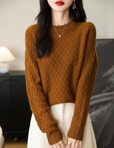 Women's Crew Neck 100% Merino Wool Sweater 2024 Fall Winter Classic Vintage Cable Warm Long Sleeve Knit Sweater in Kuwait