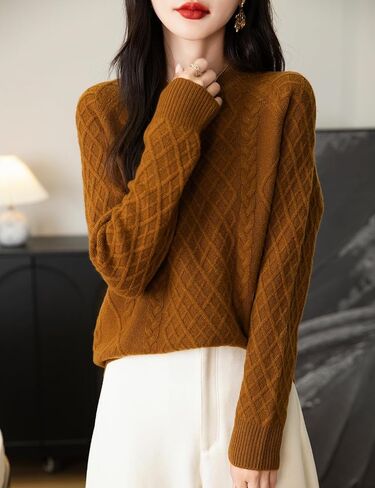 Women's Crew Neck 100% Merino Wool Sweater 2024 Fall Winter Classic Vintage Cable Warm Long Sleeve Knit Sweater in Kuwait
