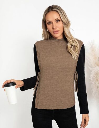 Womens Casual Fall Lightweight Dressy Cute Ribbed Knit Turtleneck Side Tie Cap Sleeve Sweater Vest Top 2024 in Saudi Arabia