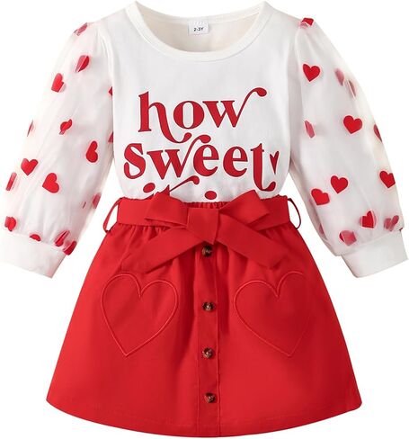 Little Girl Valentines Day Outfit Heart Long Sleeve Shirt+Love Skirt 2Pcs Set in Saudi Arabia