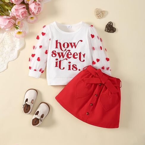 Little Girl Valentines Day Outfit Heart Long Sleeve Shirt+Love Skirt 2Pcs Set in Saudi Arabia