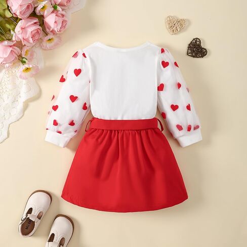 Little Girl Valentines Day Outfit Heart Long Sleeve Shirt+Love Skirt 2Pcs Set in Saudi Arabia