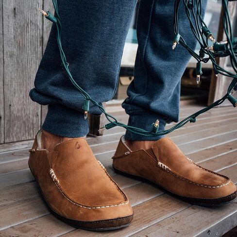 OluKai Moloa Slipper Men's Slippers, Premium Nubuck Leather Slip On Shoes, Shearling Lining & Gel Insert, Drop-In Heel in Kuwait