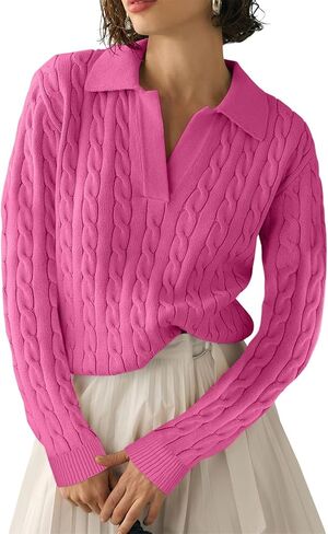 TAKEYAL Womens V Neck Sweaters Tops Cable Knit Long Sleeve Casual Soft Pullover Lapel Polo Shirts 2024 Outfits in Kuwait