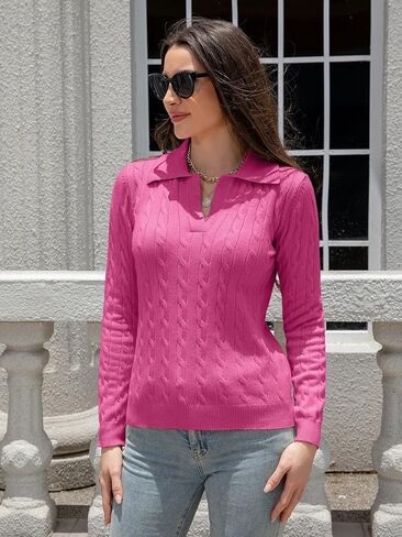 TAKEYAL Womens V Neck Sweaters Tops Cable Knit Long Sleeve Casual Soft Pullover Lapel Polo Shirts 2024 Outfits in Kuwait