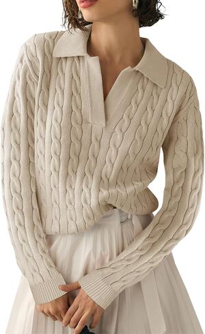 TAKEYAL Womens V Neck Sweaters Tops Cable Knit Long Sleeve Casual Soft Pullover Lapel Polo Shirts 2024 Outfits in Kuwait