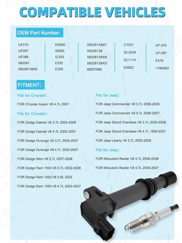 UF270 حزمة ملف الإشعال 8 قطع (3.7 لتر) 1999-2008 لسيارة دودج داكوتا دورانجو نيترو رام 1500، كرايسلر أسبن، جيب كوماندر جراند شيروكي ليبرتي، ميتسوبيشي رايدر in Kuwait